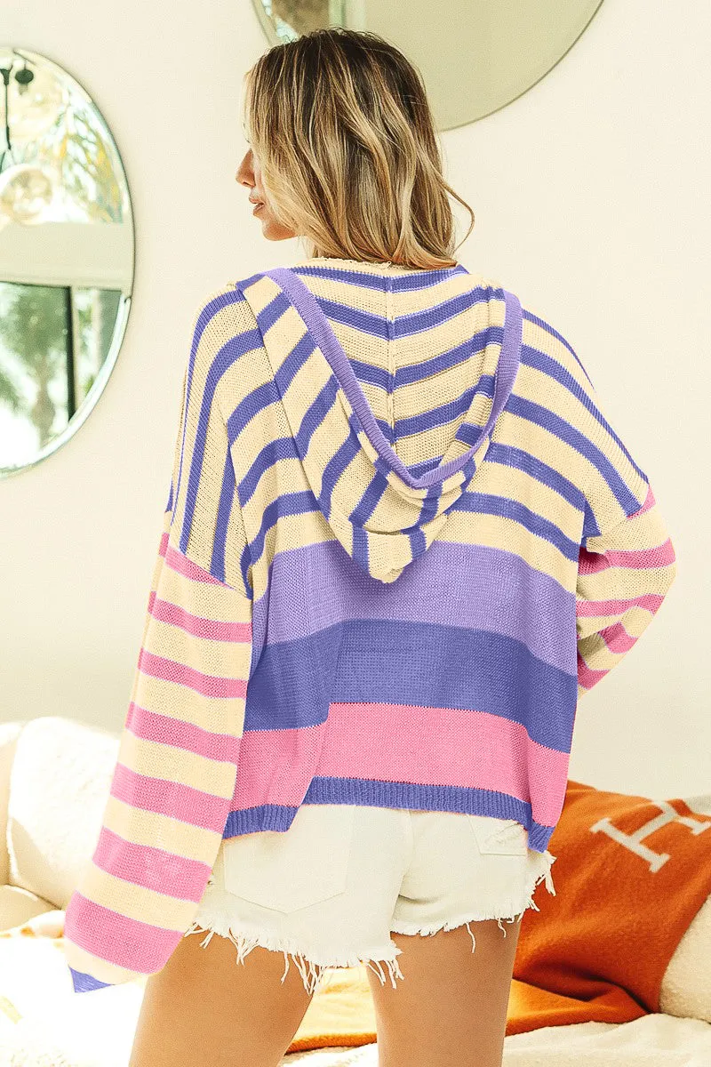 Blue Zone Planet |  BiBi Striped Color Block  Hooded Knit Top