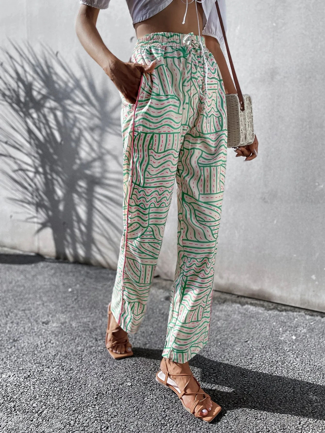 Boho Geometric Pocket High Waist Cropped Women Pants