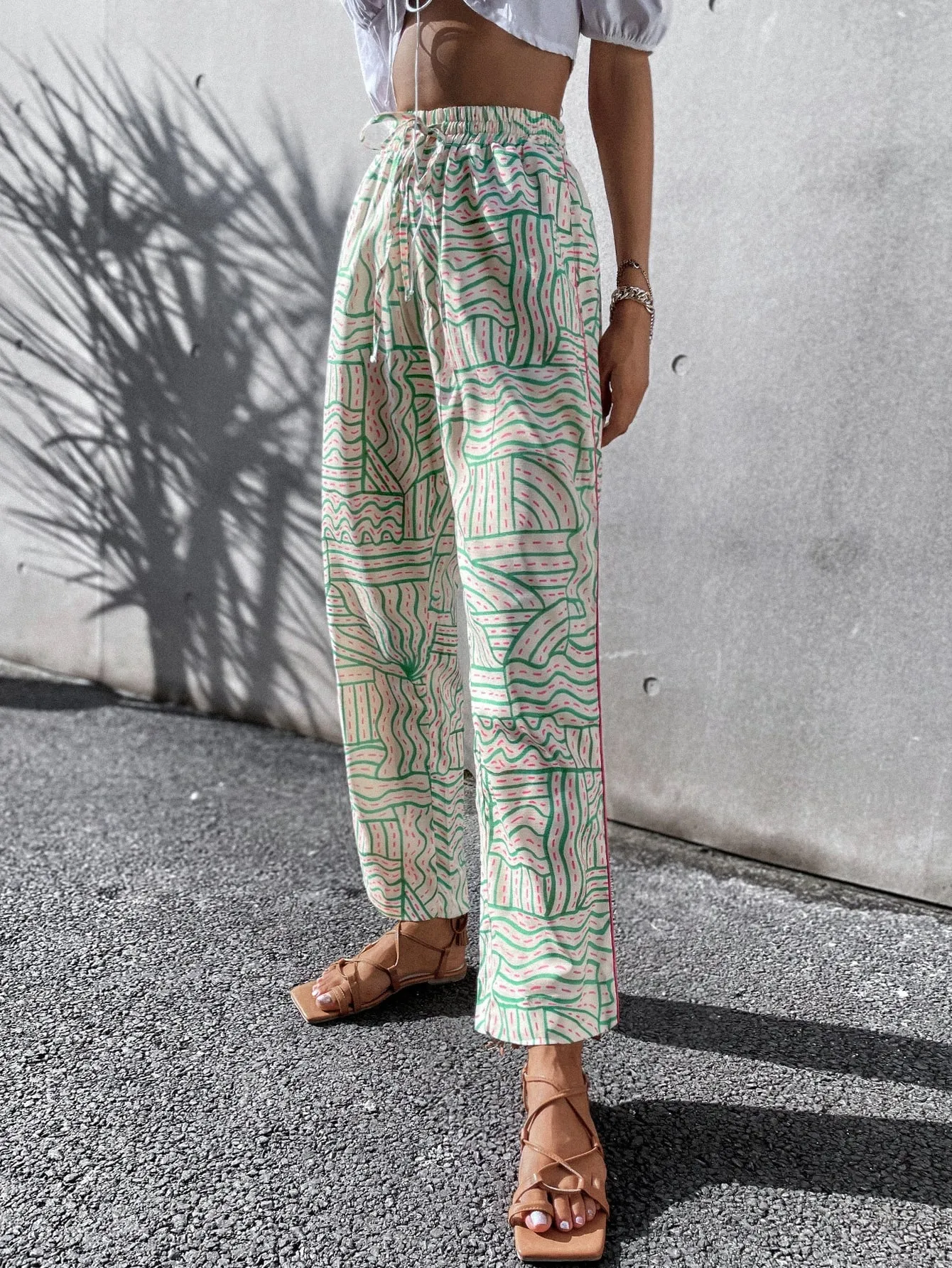 Boho Geometric Pocket High Waist Cropped Women Pants