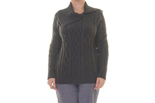 CableKnit Asymmetrical Collar Pullover Sweater Gray L
