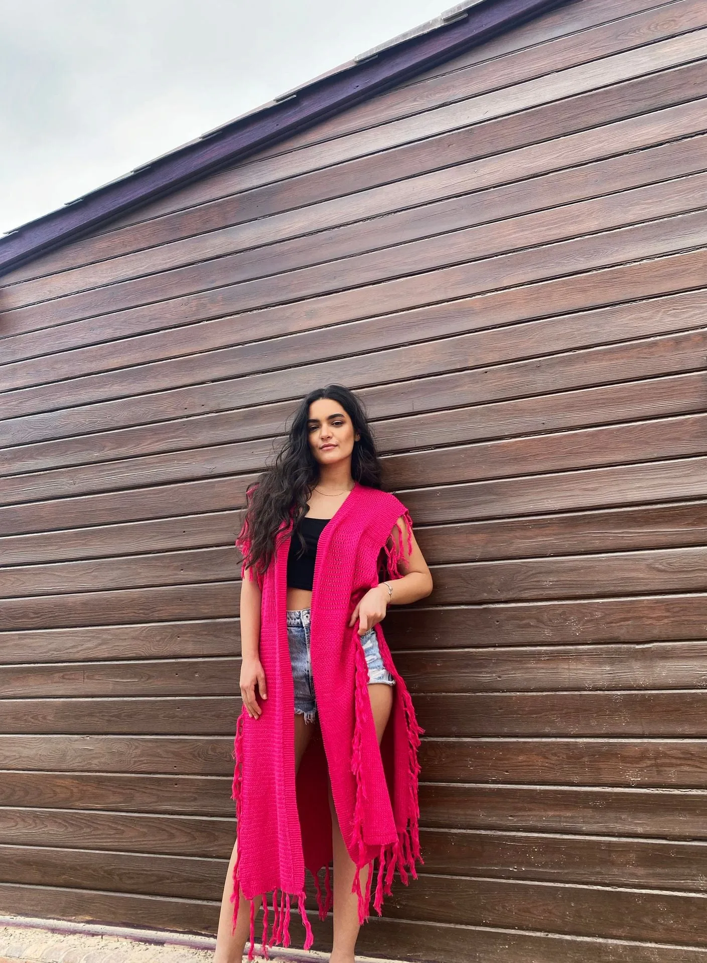 Camilia Fringe Long Vest Fuschia