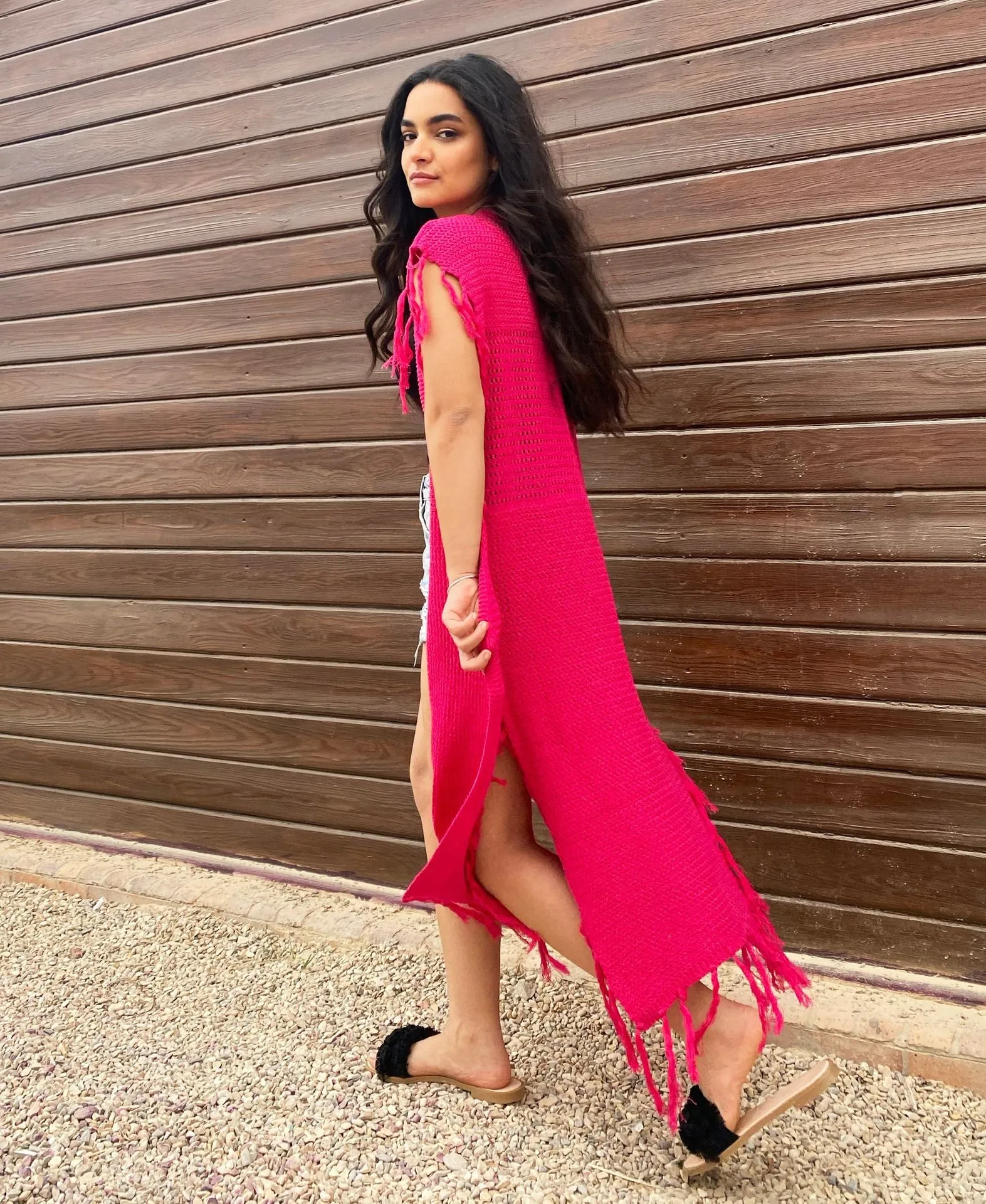 Camilia Fringe Long Vest Fuschia