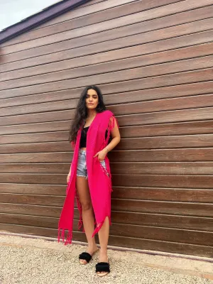 Camilia Fringe Long Vest Fuschia