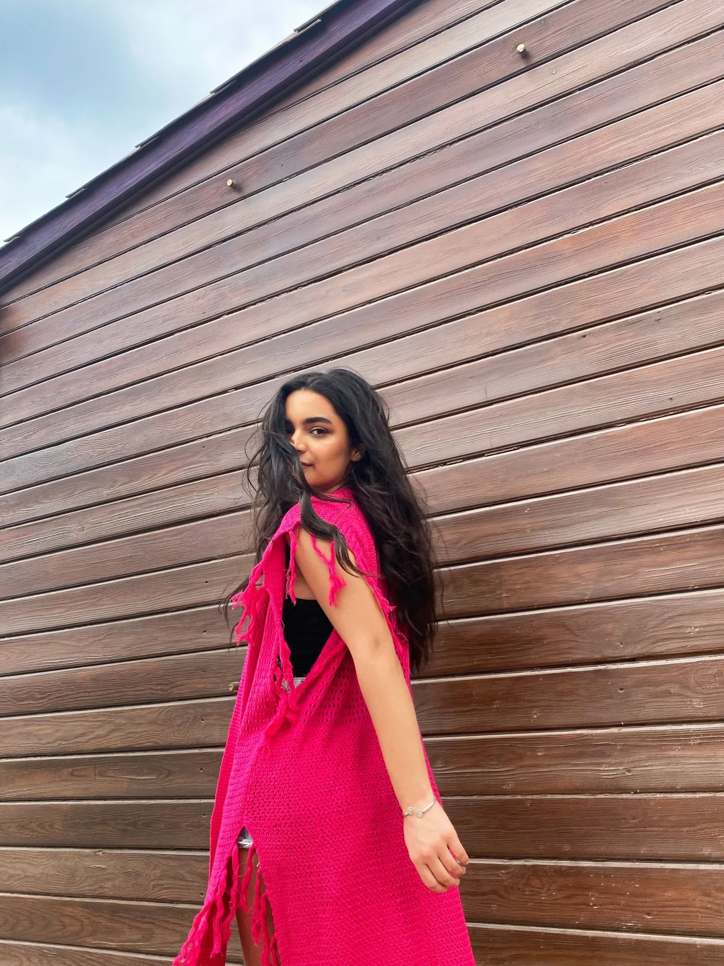 Camilia Fringe Long Vest Fuschia