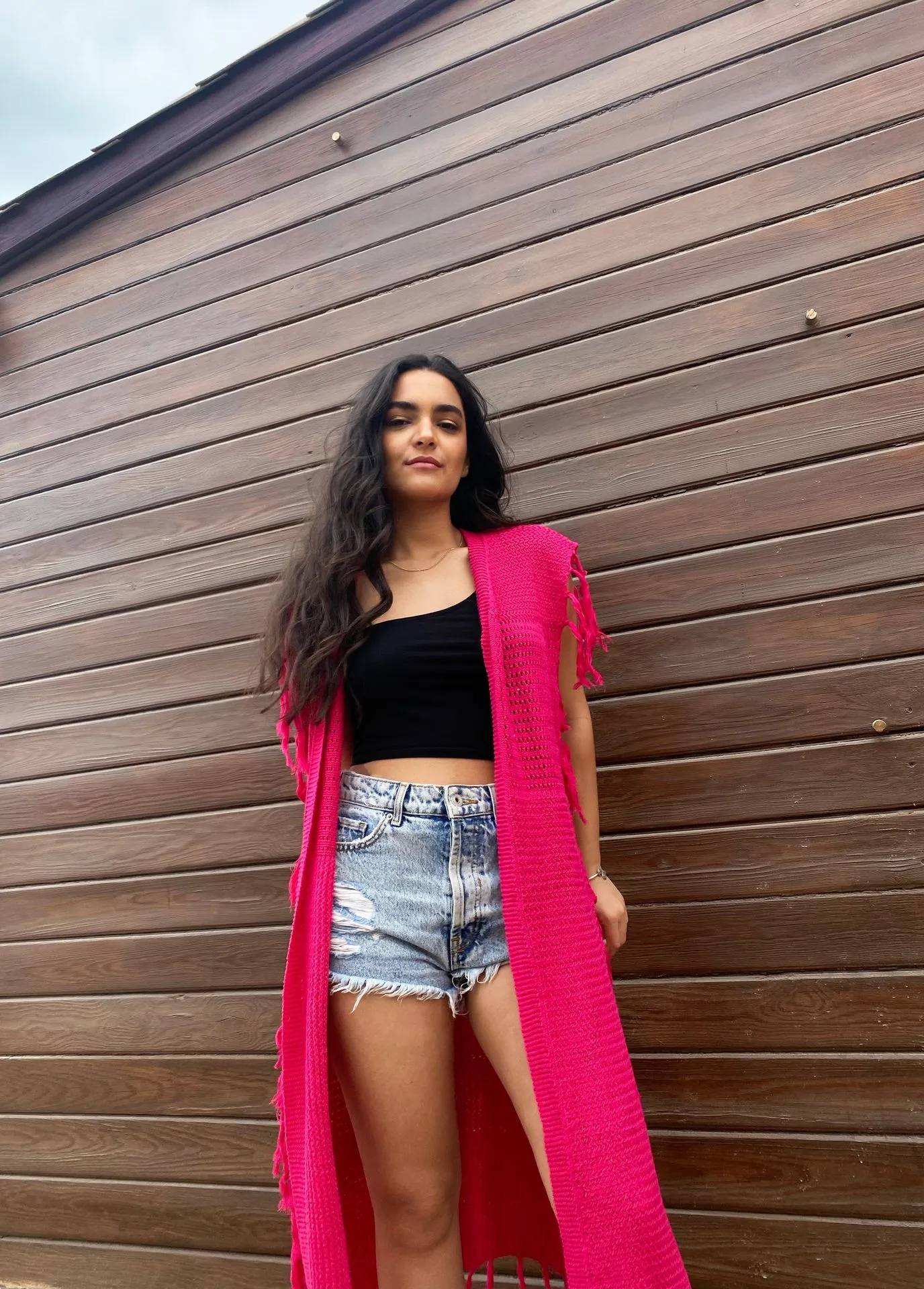 Camilia Fringe Long Vest Fuschia