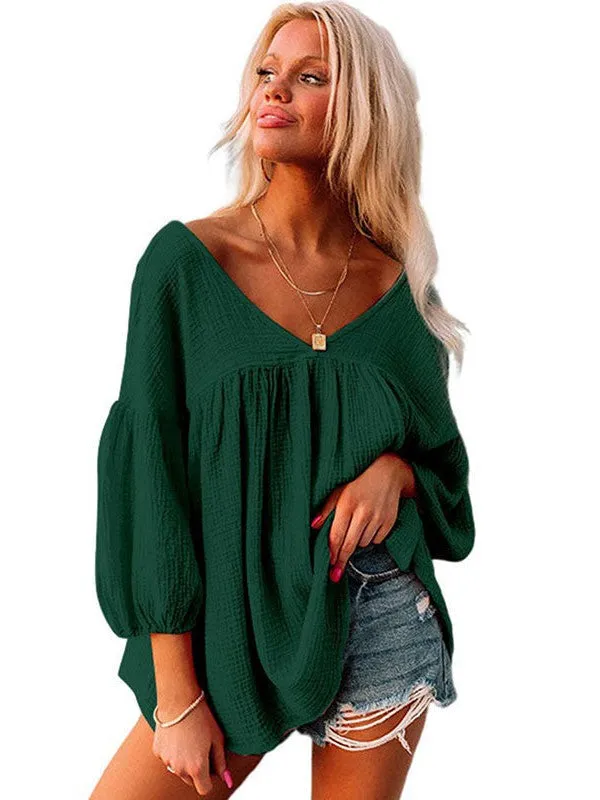 Casual Loose Cotton Babydoll Pullover Top For Women In A Solid Color With Printing Craft And Loose Fit