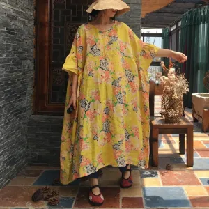 Casual Oversized Floral Ramie Dress | Hippie