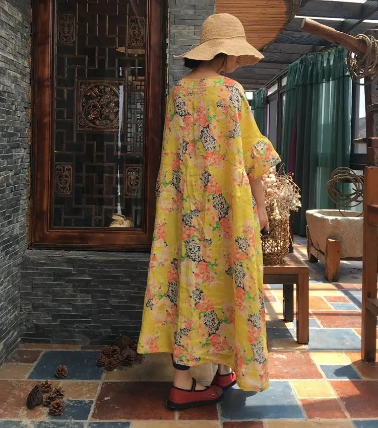 Casual Oversized Floral Ramie Dress | Hippie