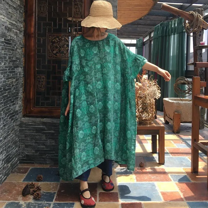 Casual Oversized Floral Ramie Dress | Hippie