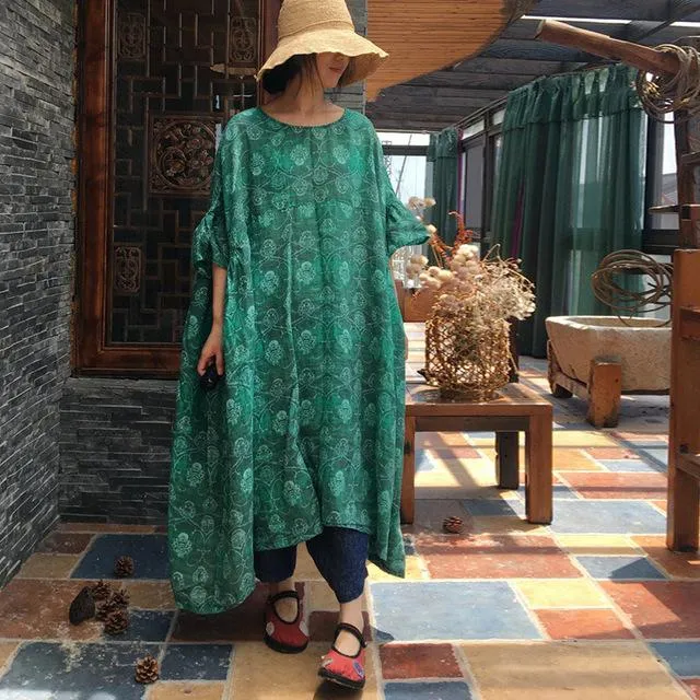 Casual Oversized Floral Ramie Dress | Hippie