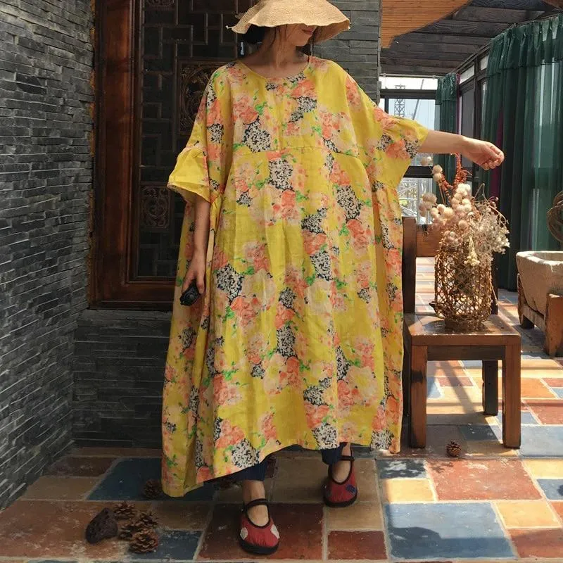 Casual Oversized Floral Ramie Dress | Hippie