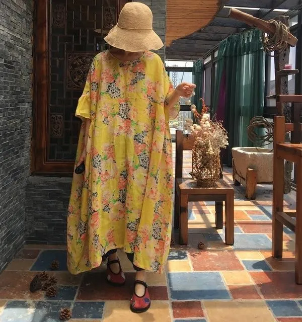 Casual Oversized Floral Ramie Dress | Hippie