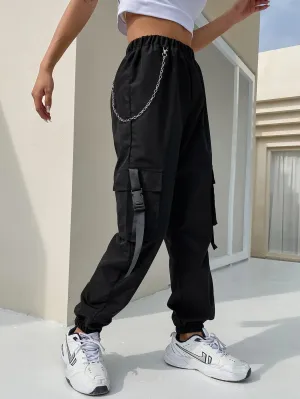 Casual Plain Tape High Waist Long Women Pants