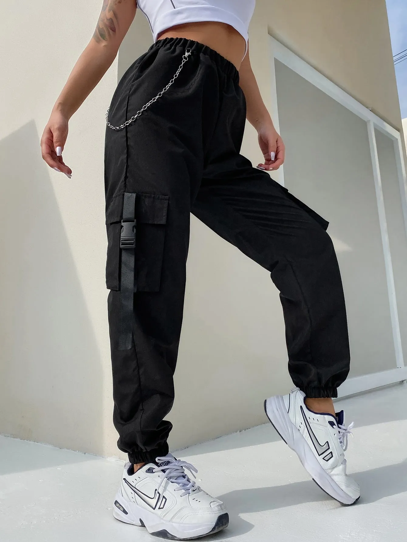 Casual Plain Tape High Waist Long Women Pants