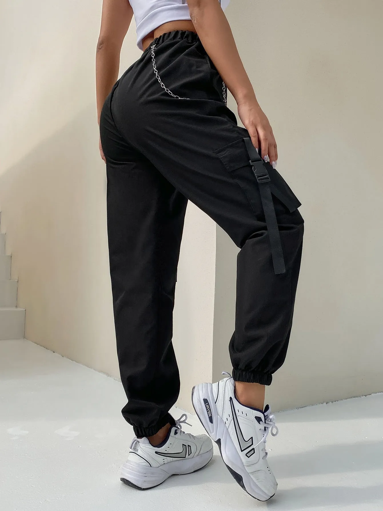 Casual Plain Tape High Waist Long Women Pants