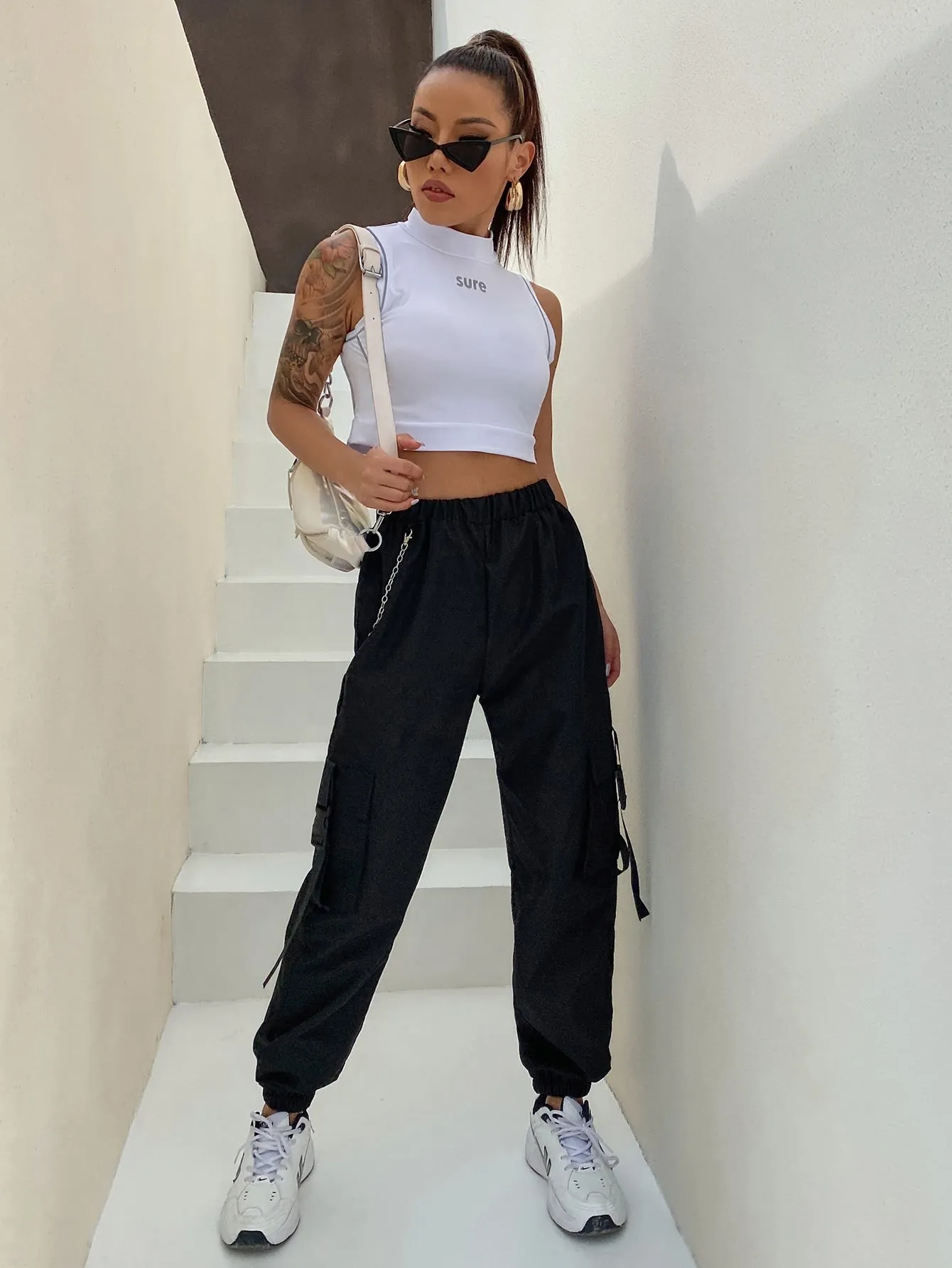 Casual Plain Tape High Waist Long Women Pants