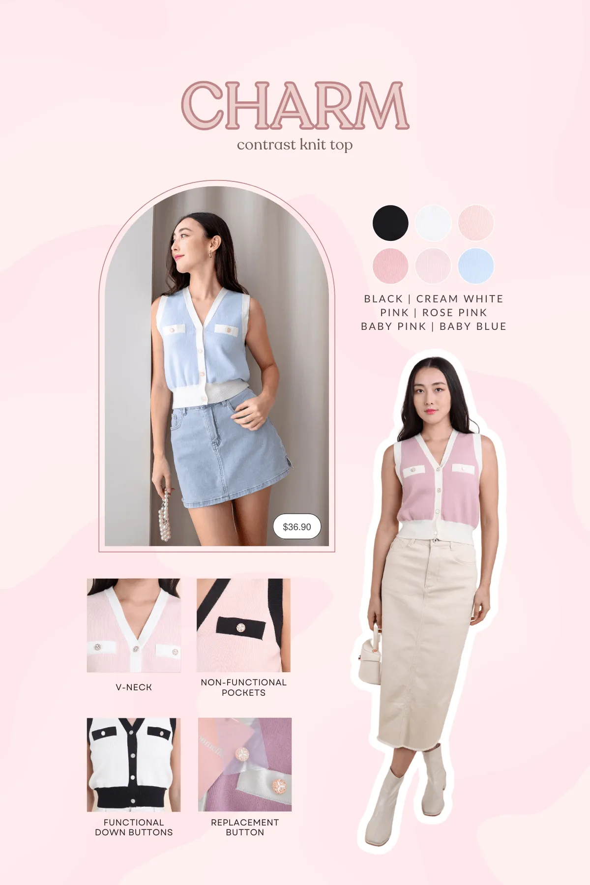 CHARM CONTRAST KNIT TOP IN BABY BLUE