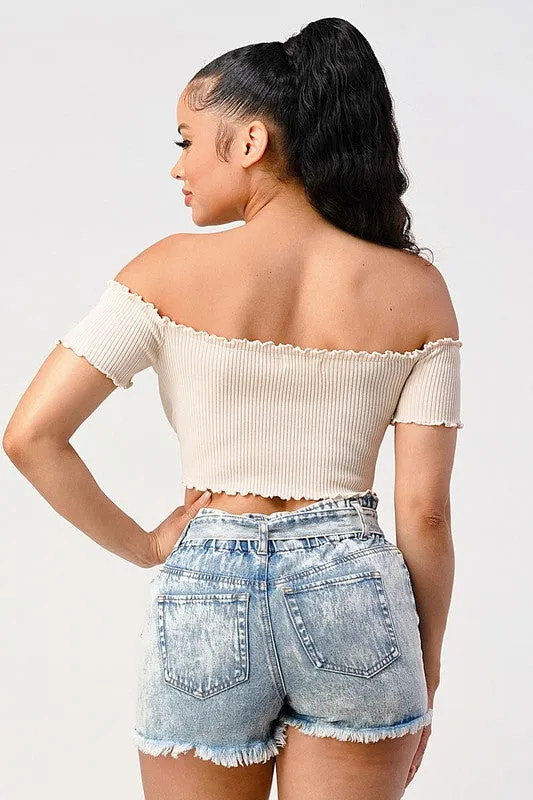 CHIC RIBBED KNIT OFF SHOULDER FRONT-TIE CROP TOP