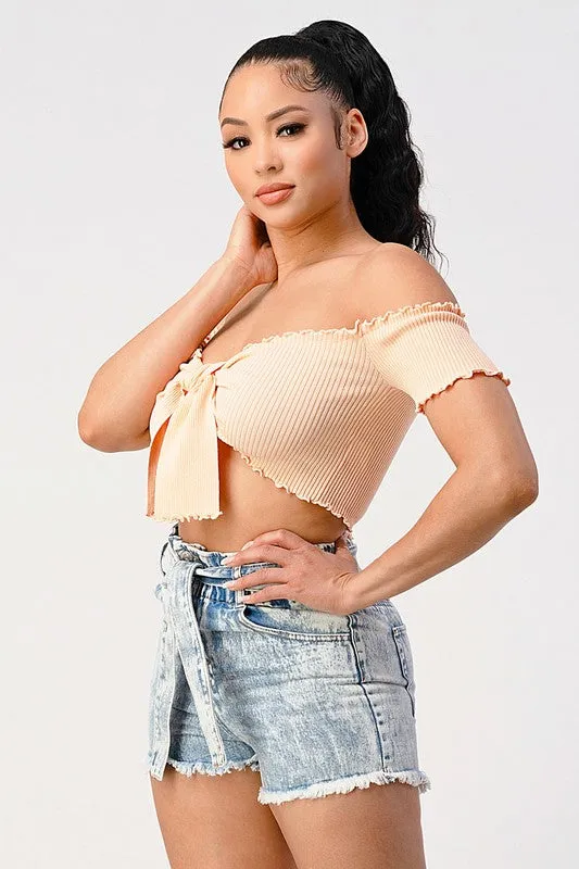CHIC RIBBED KNIT OFF SHOULDER FRONT-TIE CROP TOP