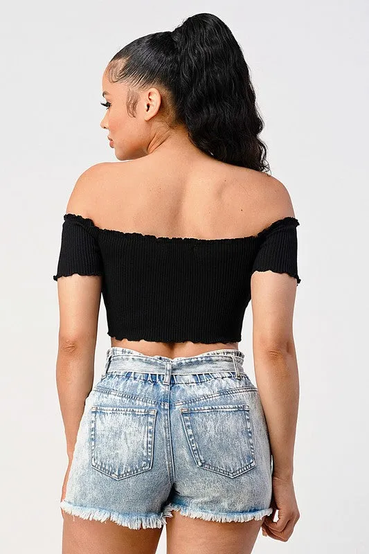 CHIC RIBBED KNIT OFF SHOULDER FRONT-TIE CROP TOP