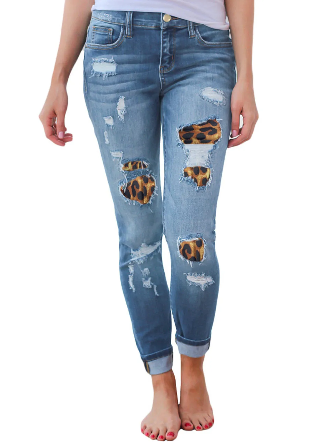 Classic Street Hipster Leopard Hole Patch Stretch Jeans