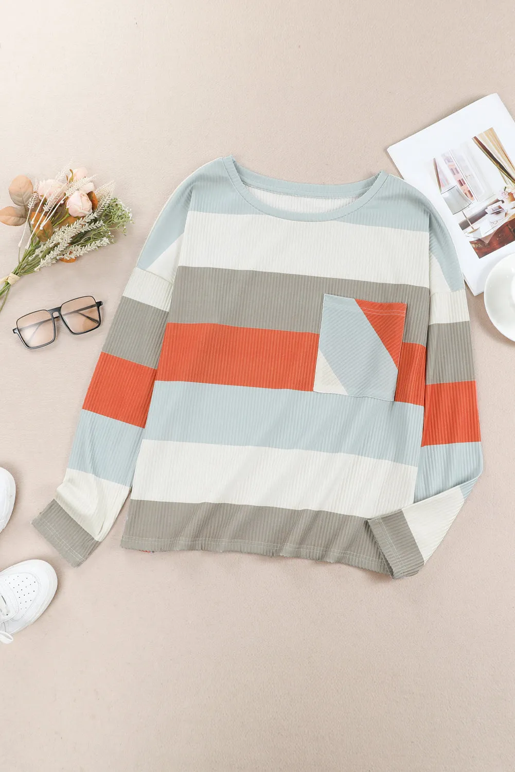 Colorblock Ribbed Knit Top With Pocket