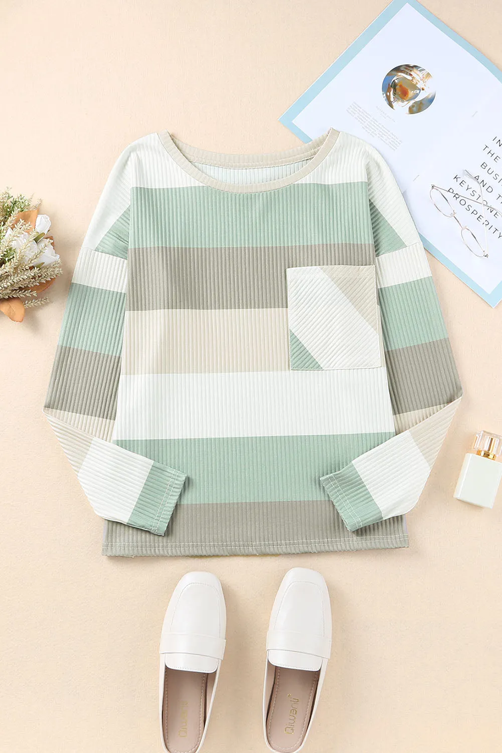 Colorblock Ribbed Knit Top With Pocket