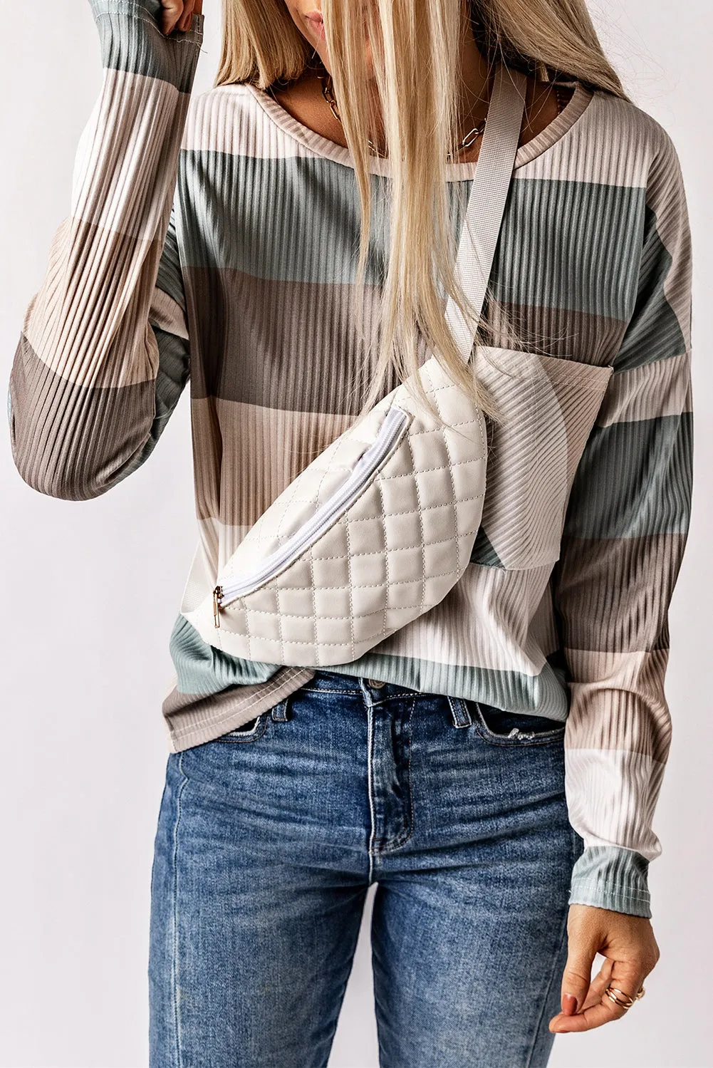 Colorblock Ribbed Knit Top With Pocket