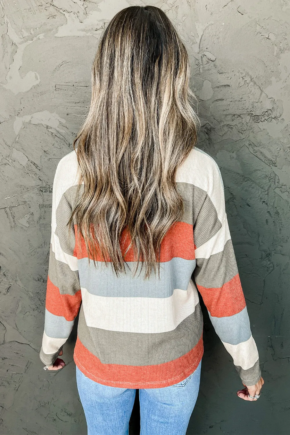 Colorblock Ribbed Knit Top With Pocket