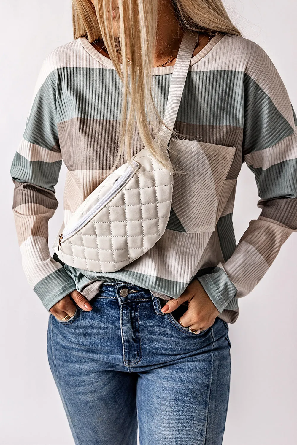 Colorblock Ribbed Knit Top With Pocket