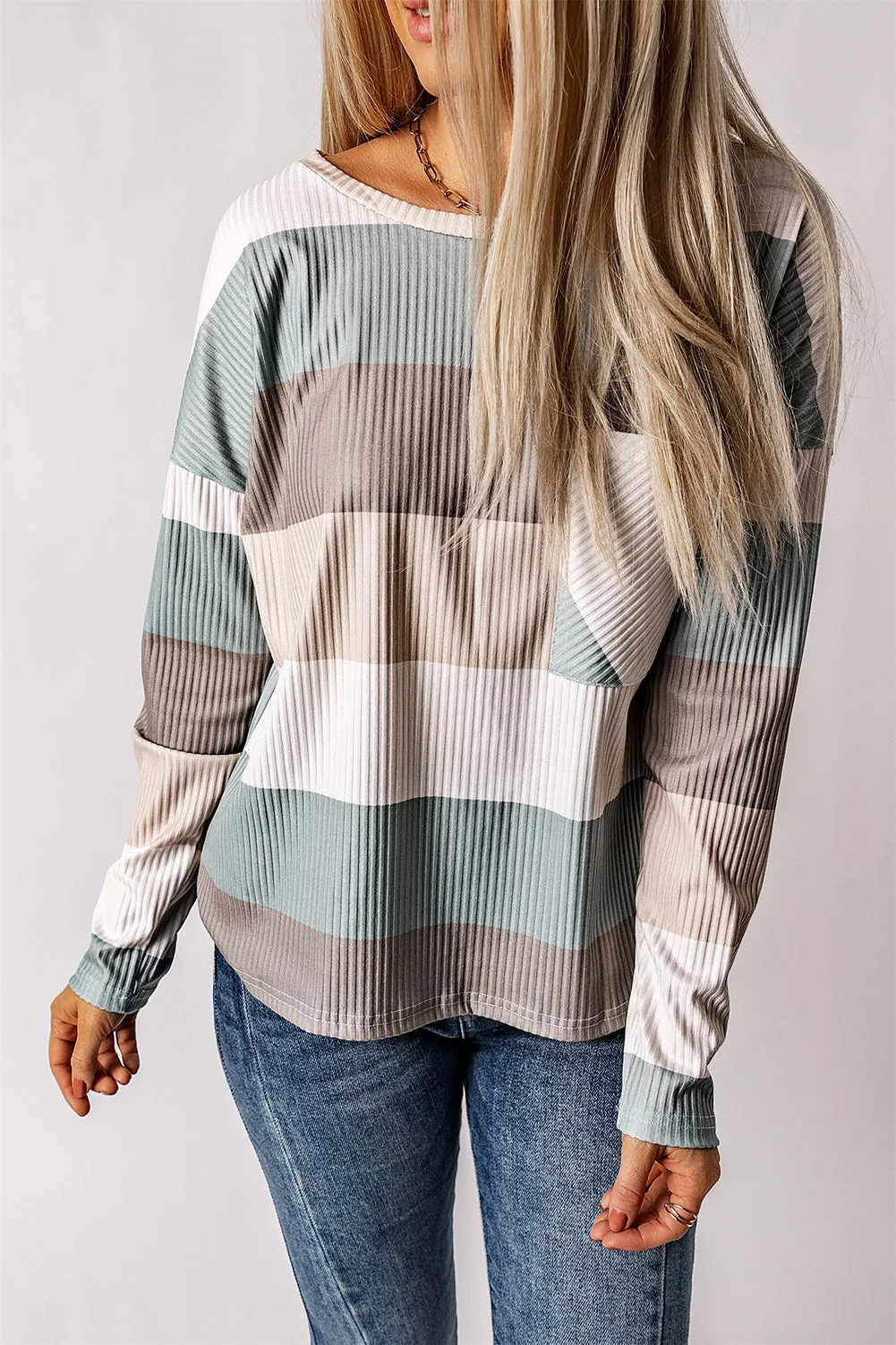 Colorblock Ribbed Knit Top With Pocket