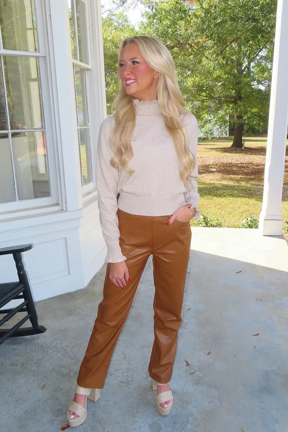 Cool Embrace Ruffle Mock Neck Long Sleeve Knit Top Oat
