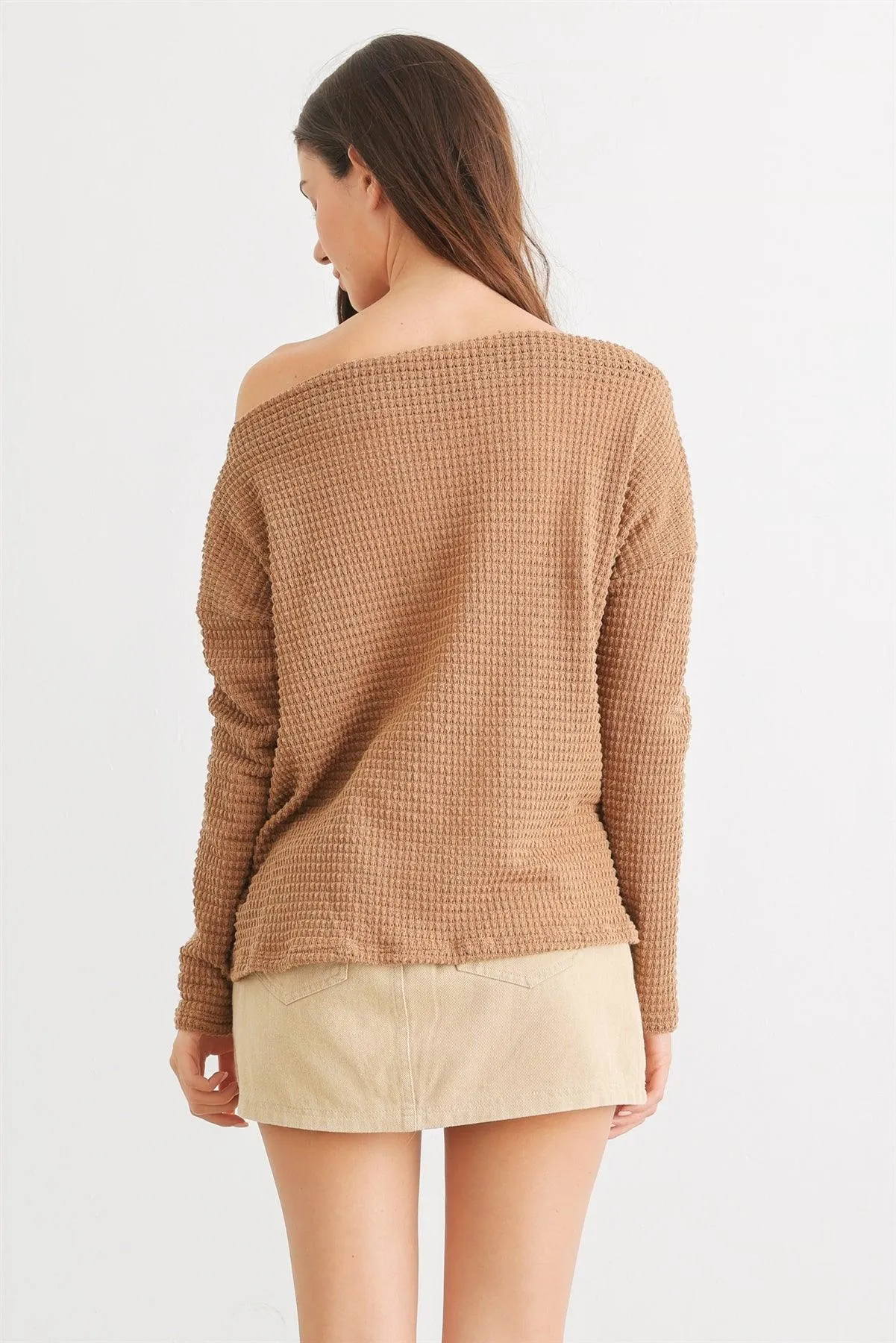 Copper Waffle Knit Off-The-Shoulder Twist Hem Top /2-2-2