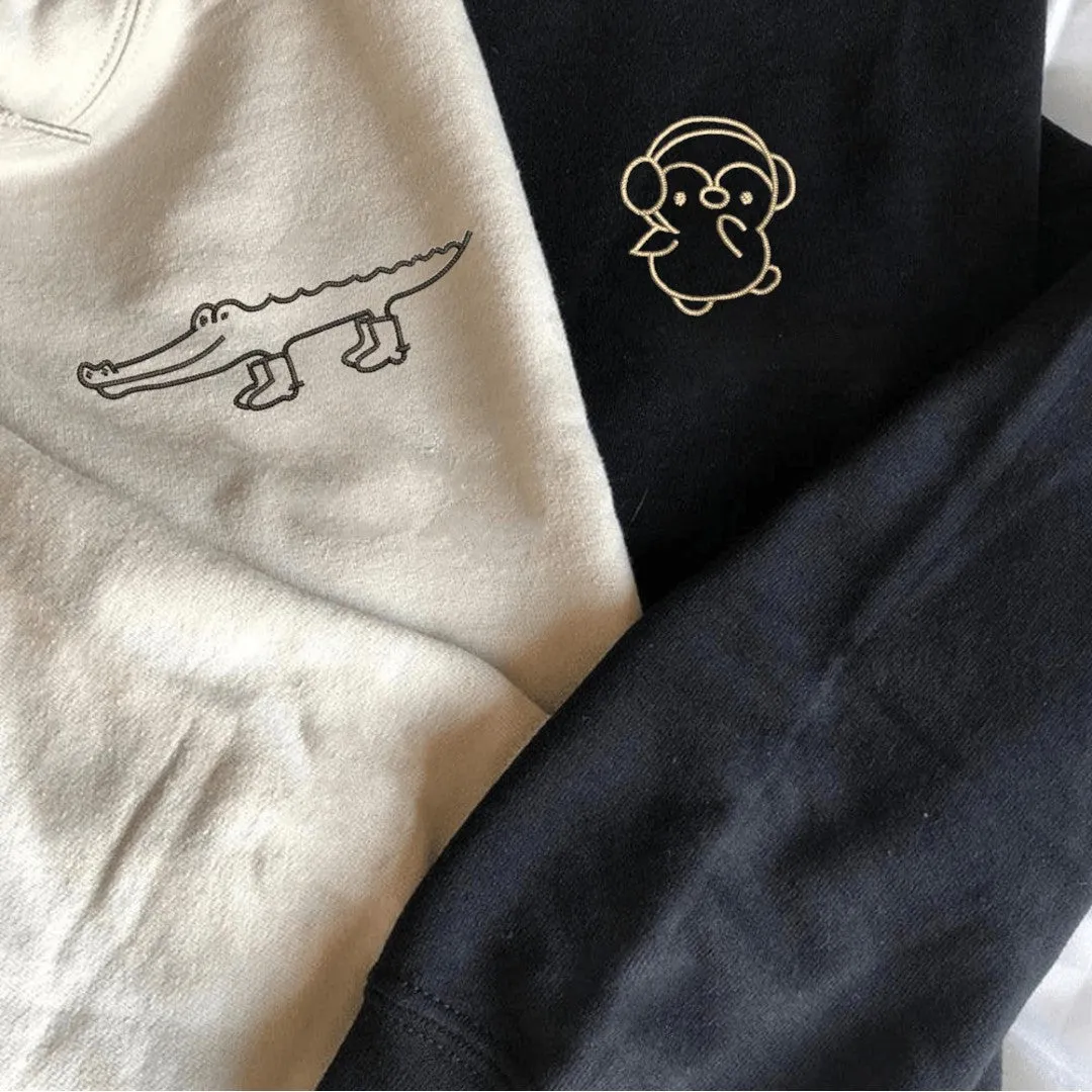 Crocodile & Penguin Couple Sweatshirts - Personalized Embroidered Hoodies For Couples