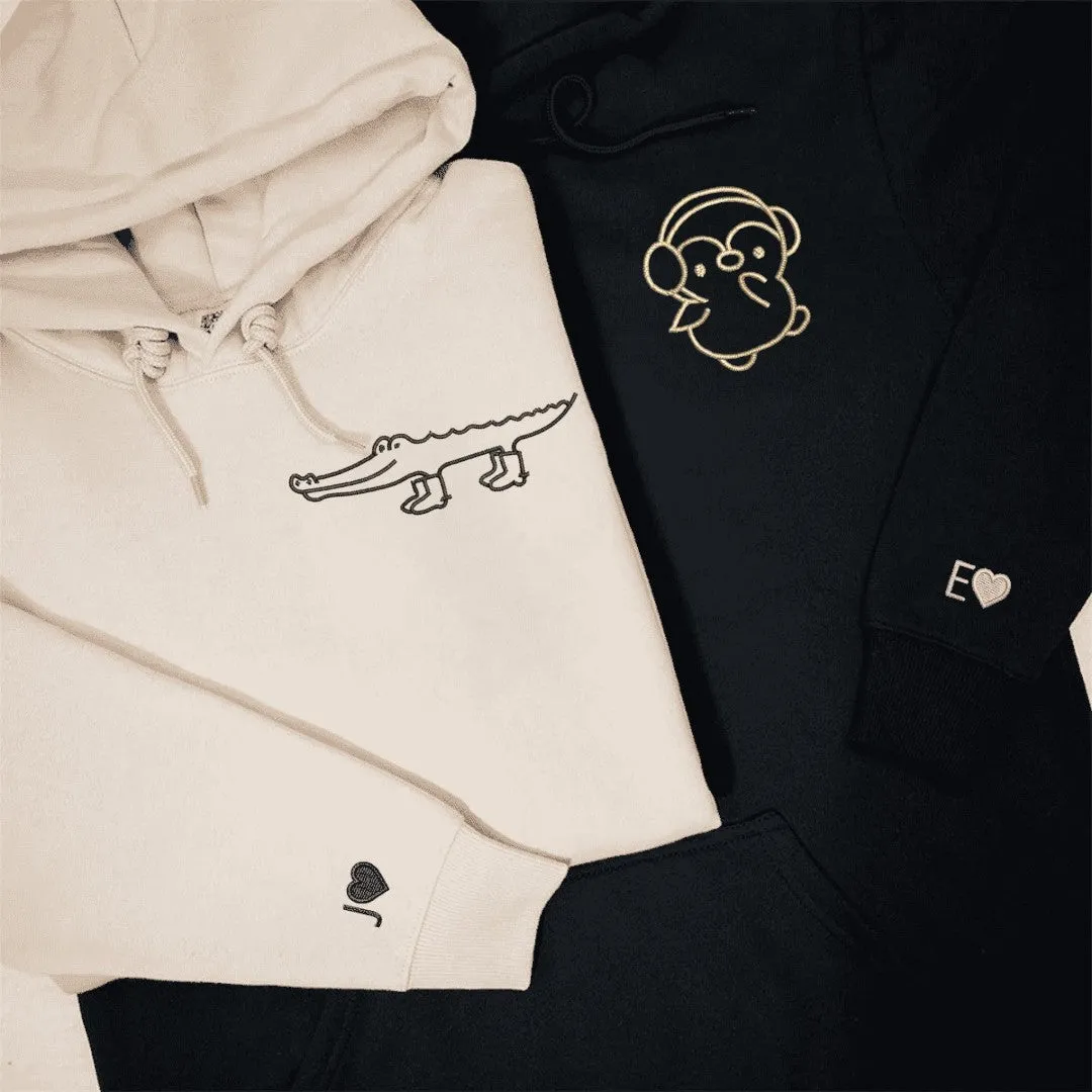 Crocodile & Penguin Couple Sweatshirts - Personalized Embroidered Hoodies For Couples