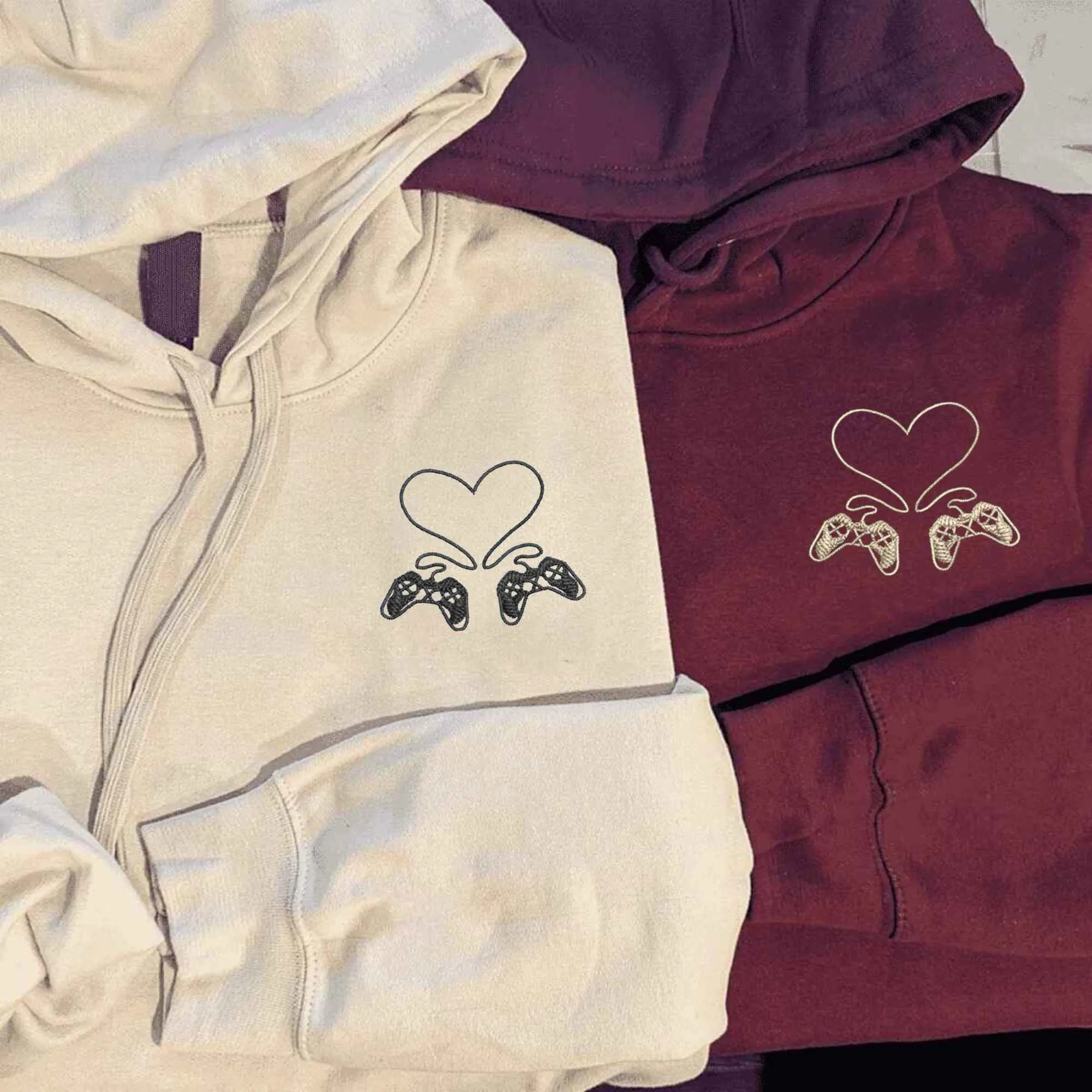 Custom Embroidered Gamer Love Matching Hoodies for Couples | Controller Design