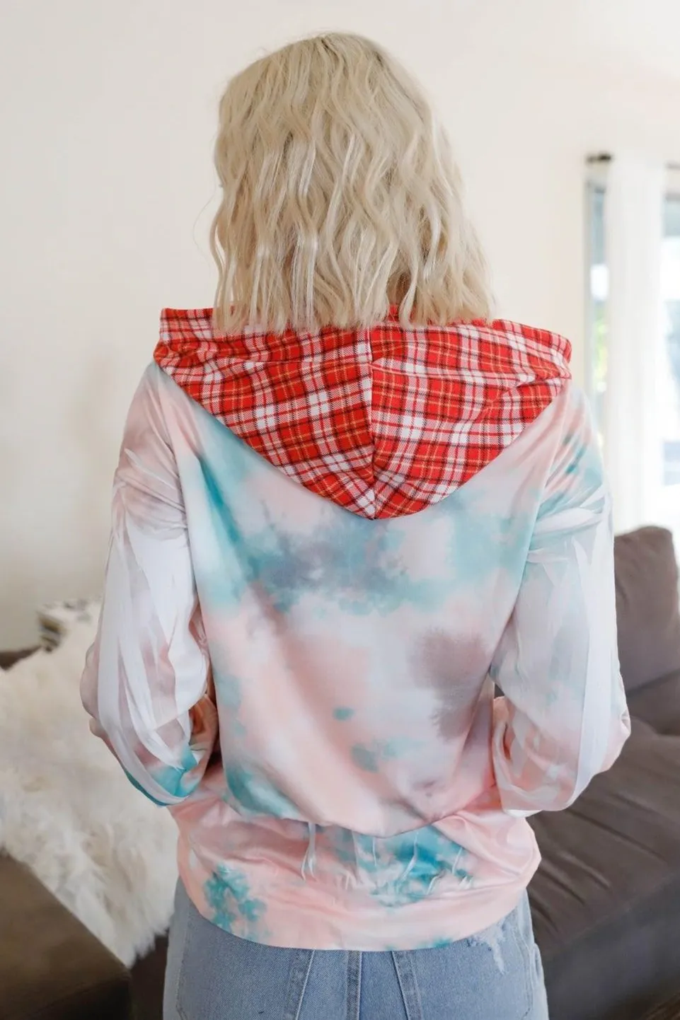 Dreamy Pastel Tie-Dye Plaid Accent Hoodie