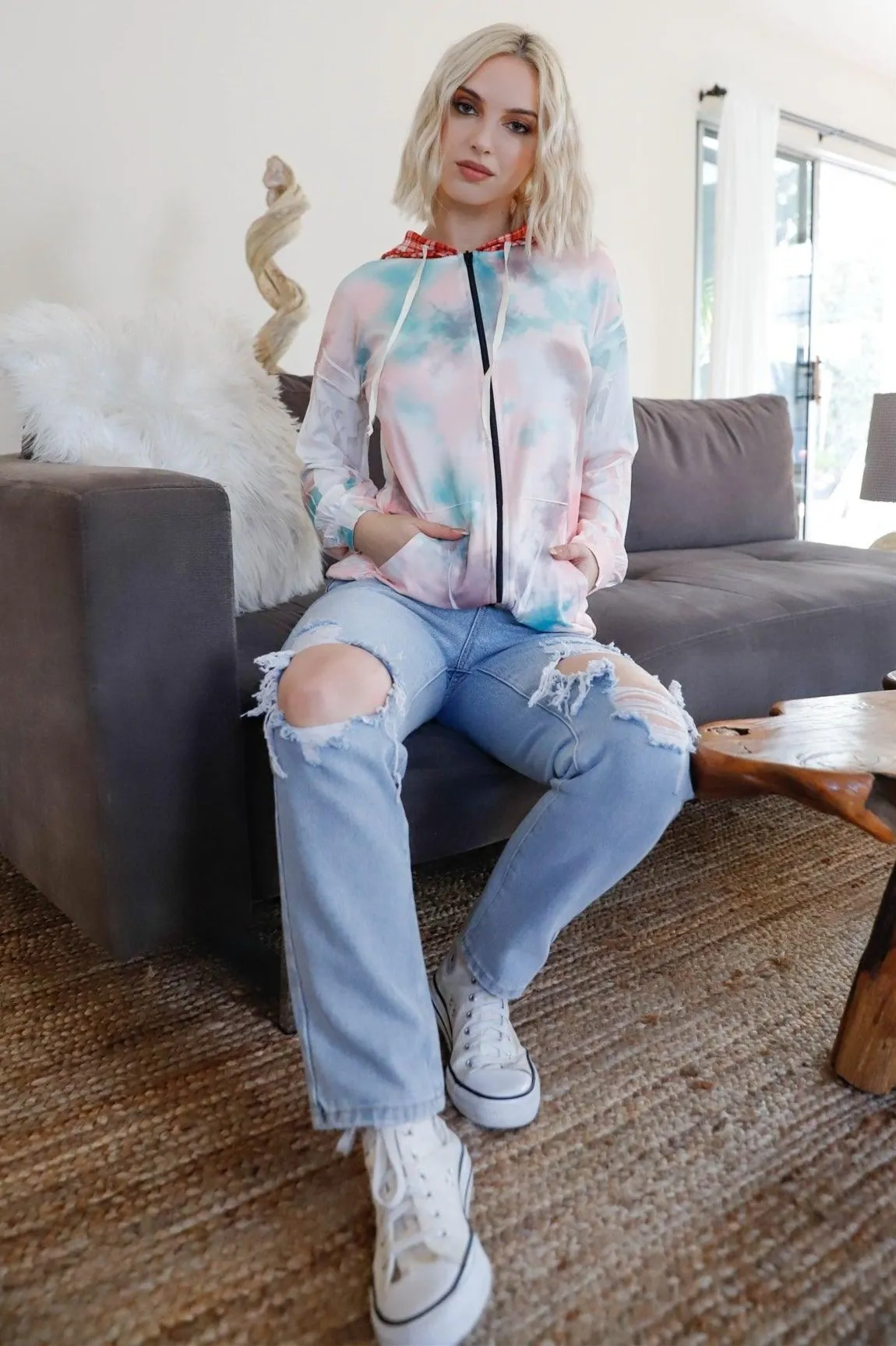 Dreamy Pastel Tie-Dye Plaid Accent Hoodie