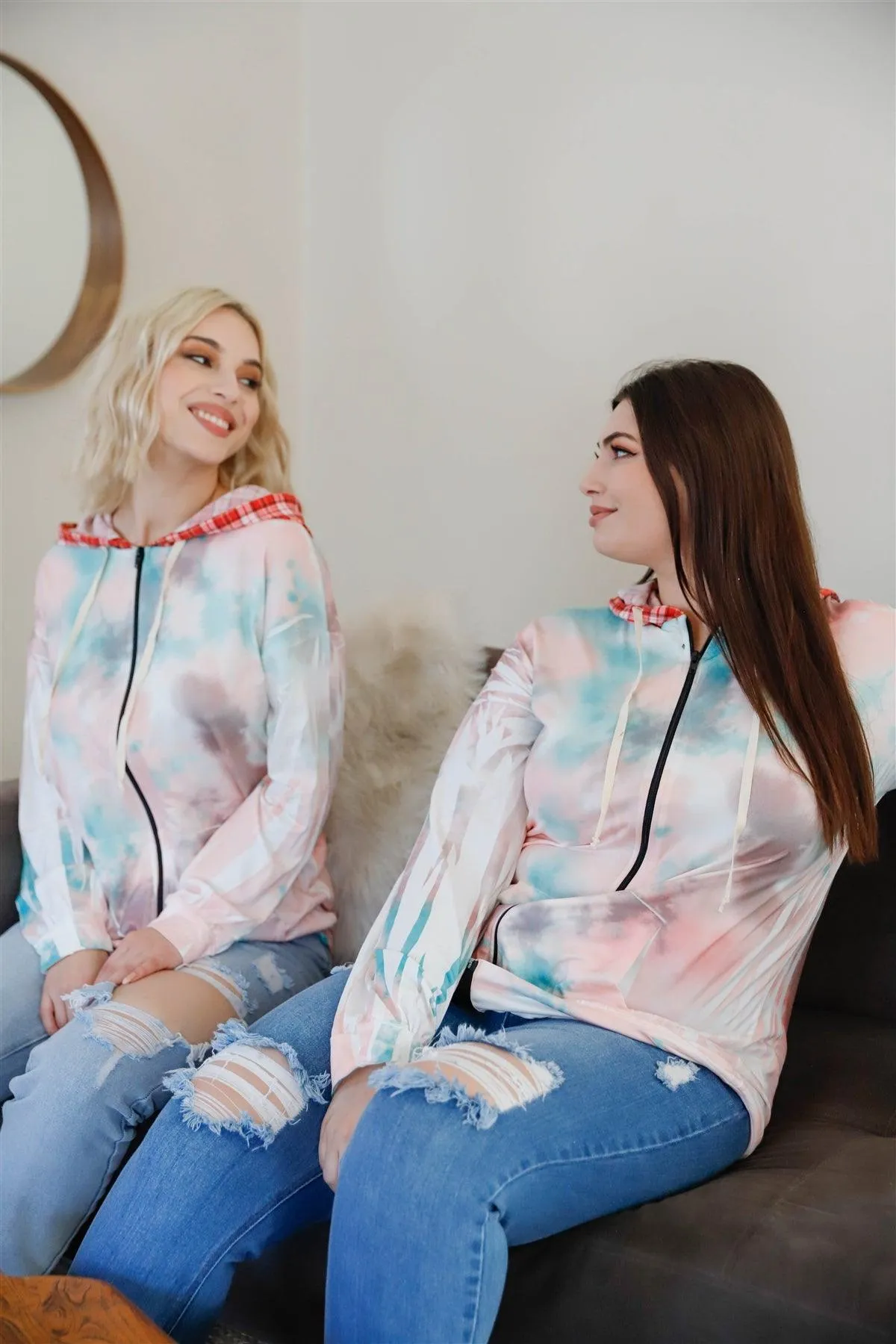 Dreamy Pastel Tie-Dye Plaid Accent Hoodie