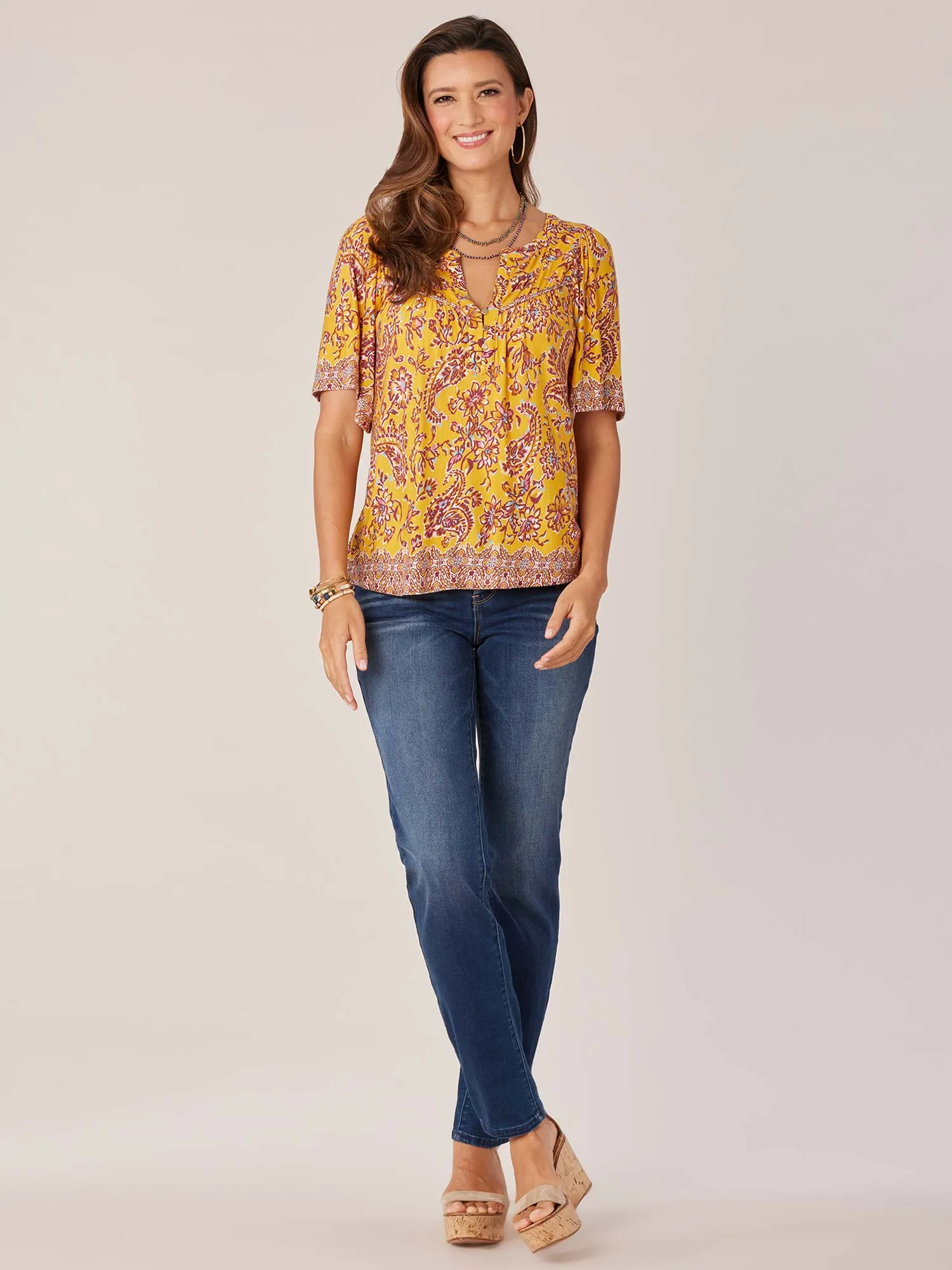 Elbow Bell Sleeve Mandarin Collar Twin Print Knit Top