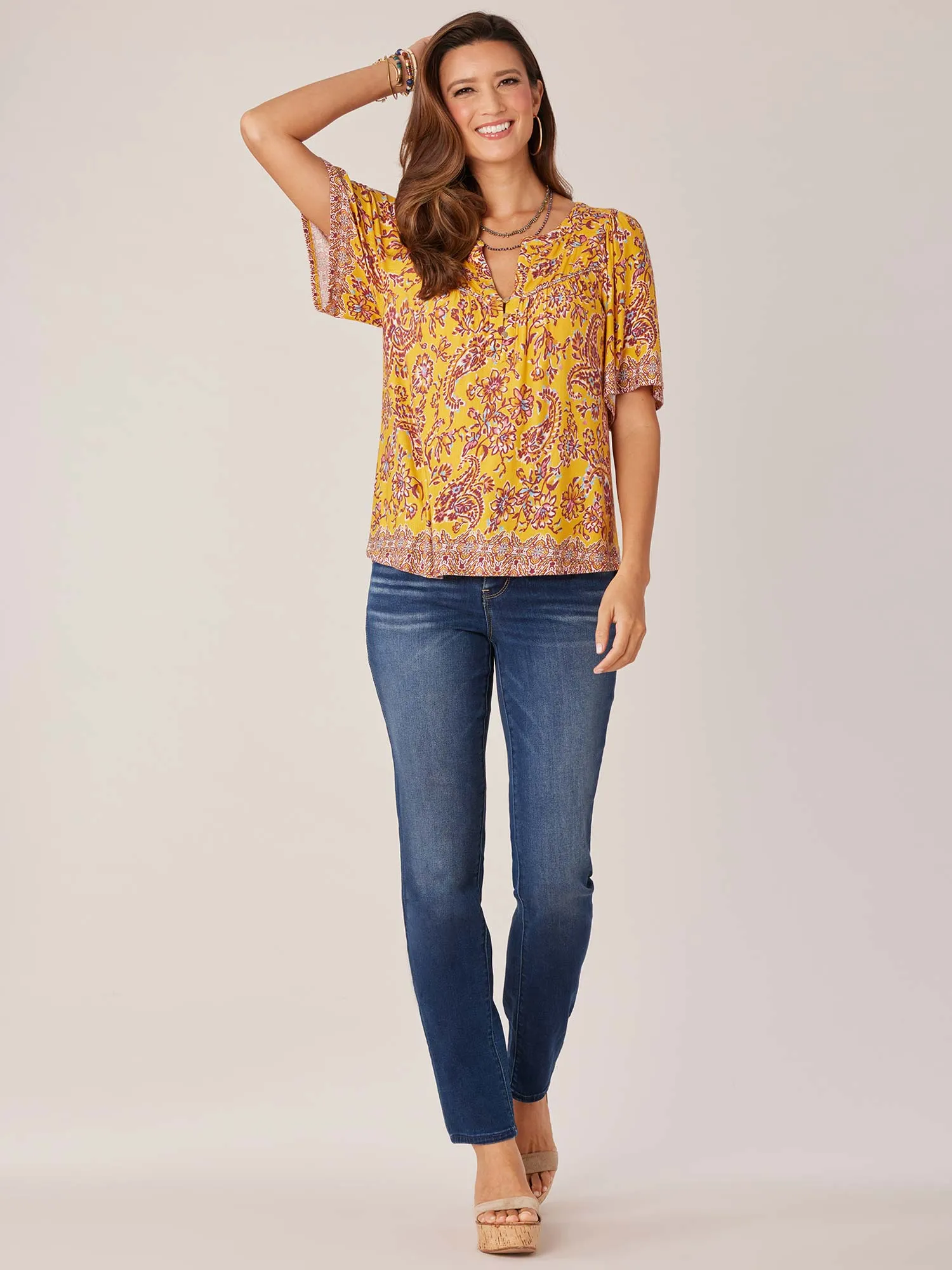 Elbow Bell Sleeve Mandarin Collar Twin Print Knit Top