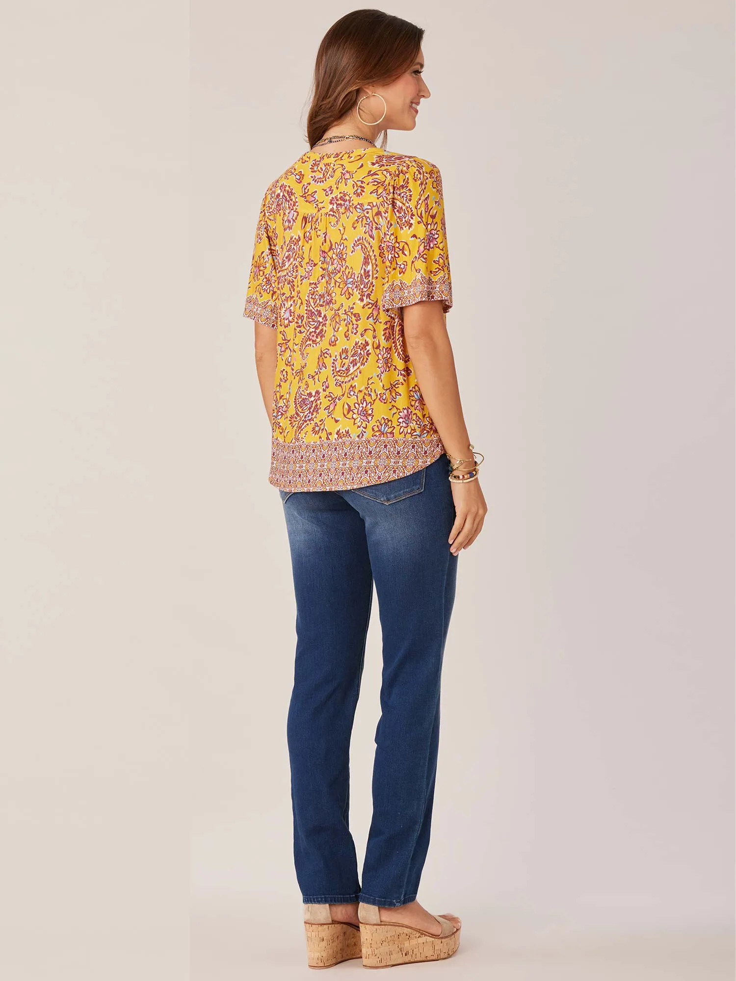 Elbow Bell Sleeve Mandarin Collar Twin Print Knit Top
