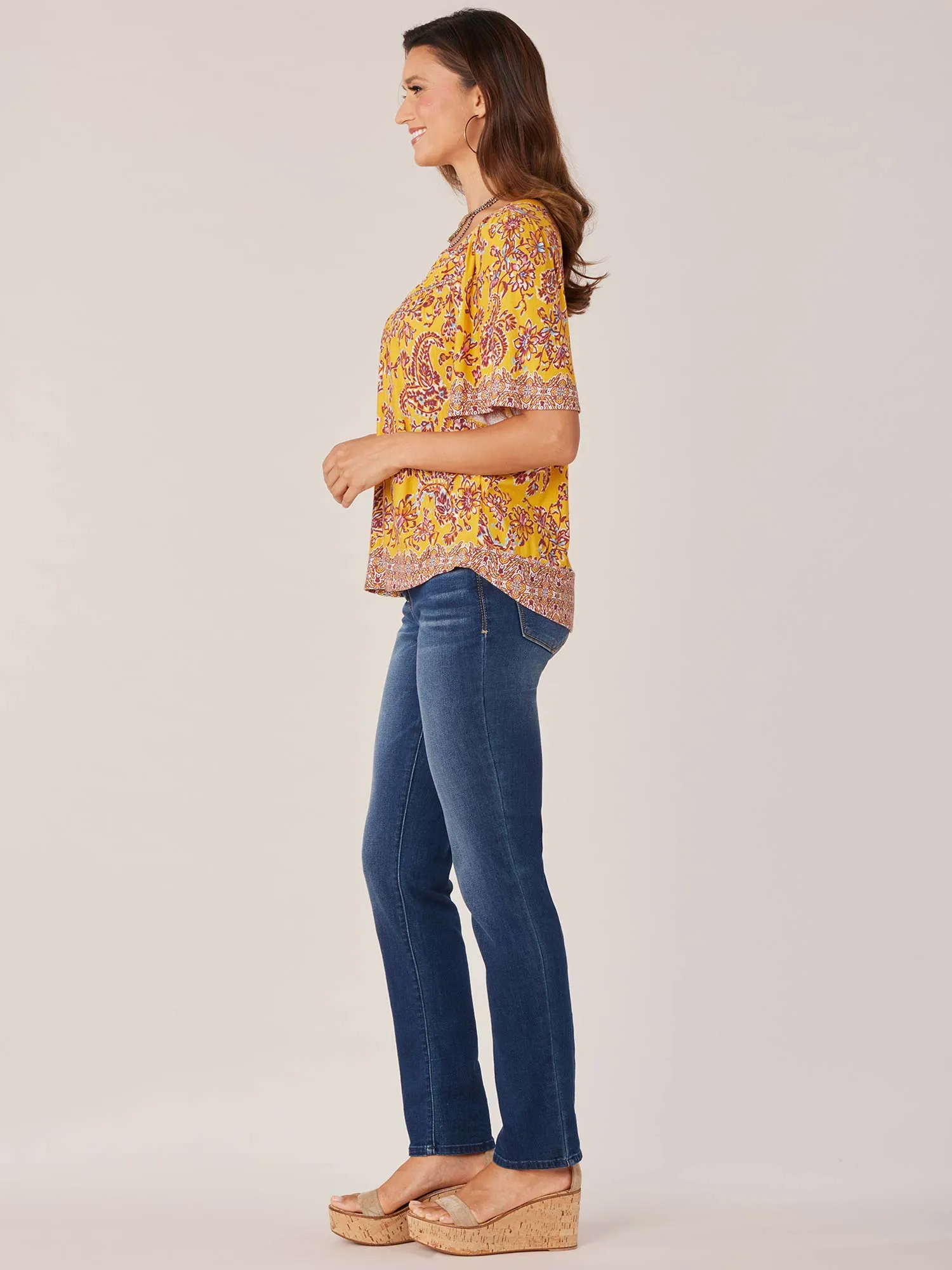 Elbow Bell Sleeve Mandarin Collar Twin Print Knit Top