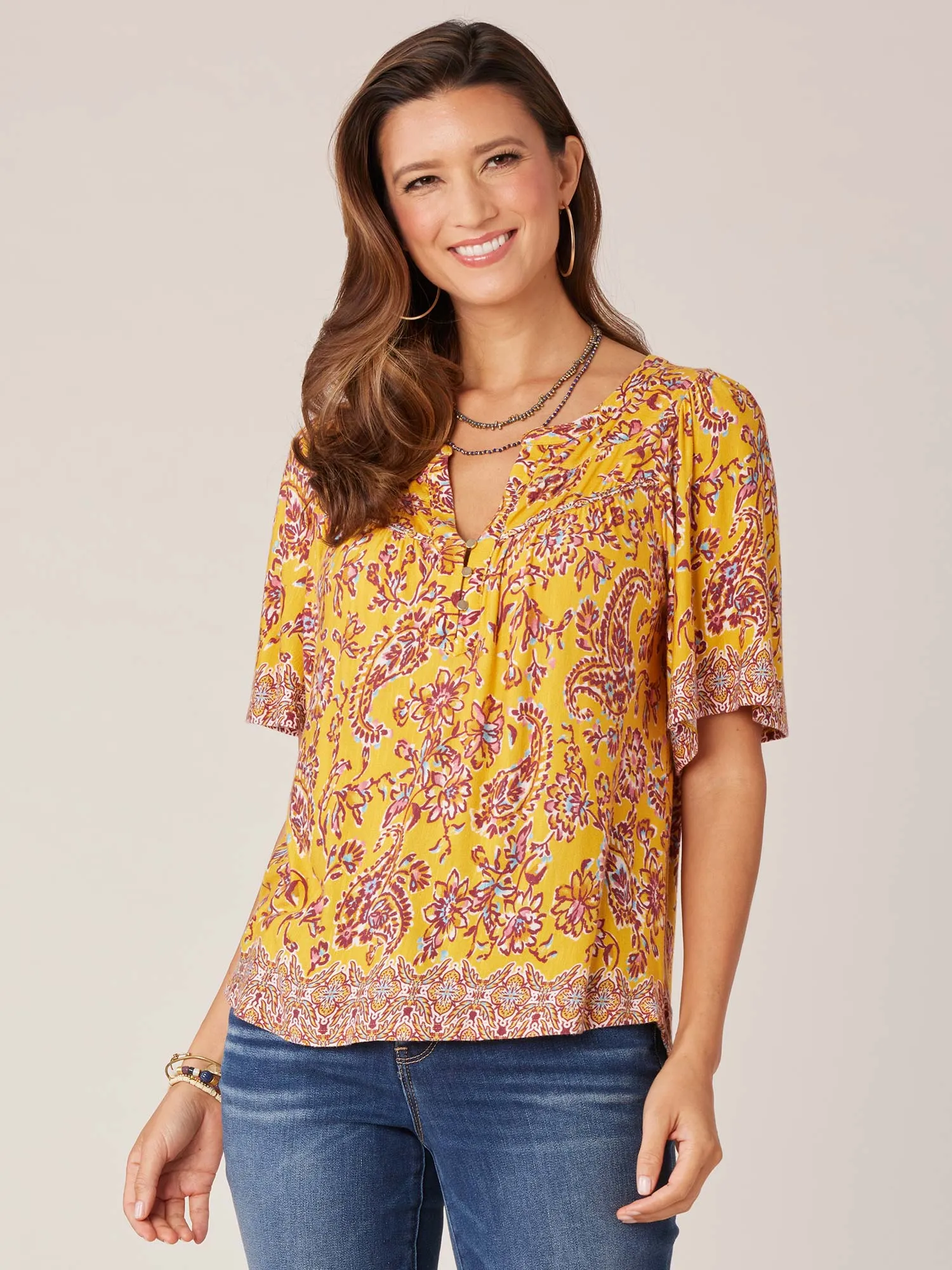 Elbow Bell Sleeve Mandarin Collar Twin Print Knit Top
