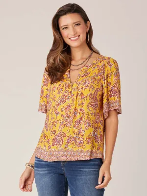 Elbow Bell Sleeve Mandarin Collar Twin Print Knit Top