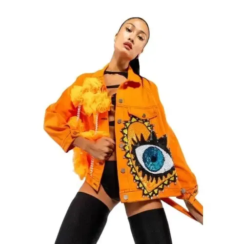 Embroidery Sequins Cartoon Design Denim Jacket