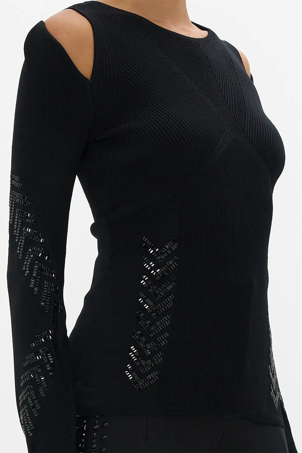 ENGINEERED CUT OUT LONG SLEEVE  KNIT TOP CARTOUCHE KINGDOM