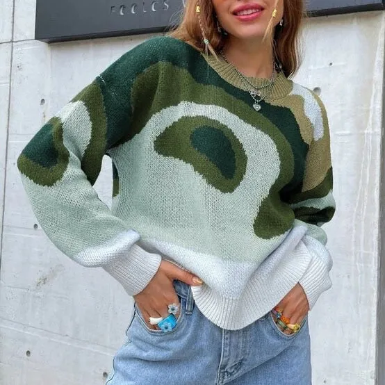 EZSSKJ Color Block Drop Shoulder Pullover Croped Pullover Pullover lose Pullover Pullover Langarm