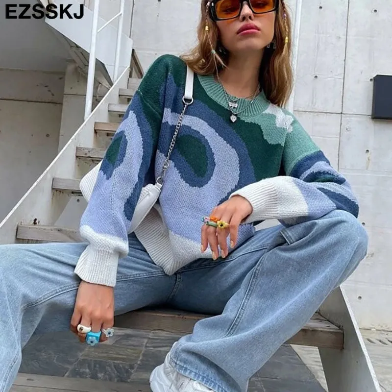 EZSSKJ Color Block Drop Shoulder Pullover Croped Pullover Pullover lose Pullover Pullover Langarm