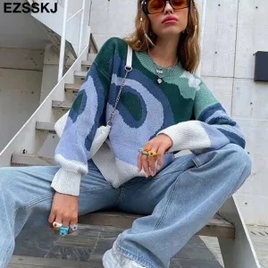 EZSSKJ Color Block Drop Shoulder Pullover Croped Pullover Pullover lose Pullover Pullover Langarm